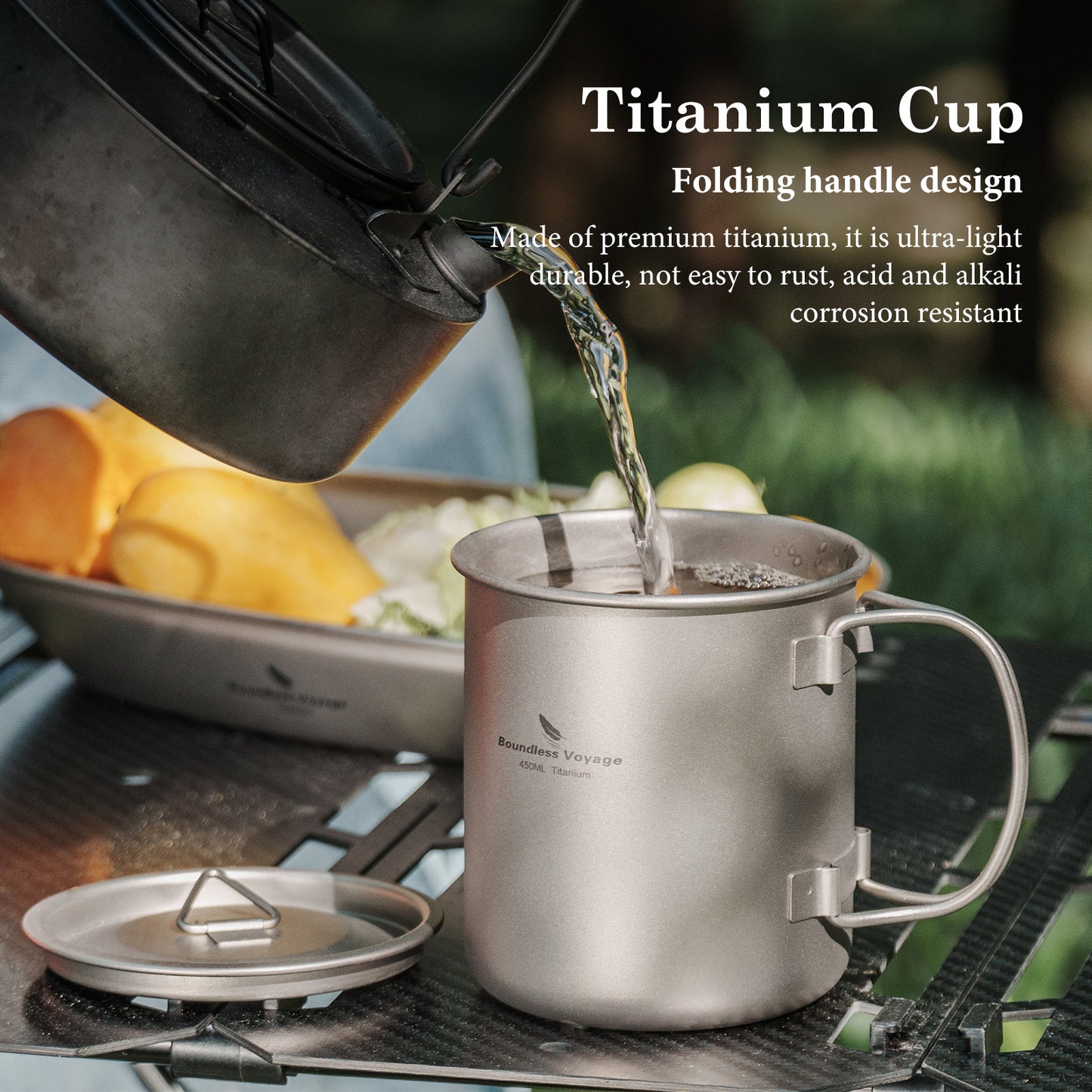 Boundless Voyage 450ml Pure Titanium Mug with Lid – Ultralight & Durable Camping Cup
