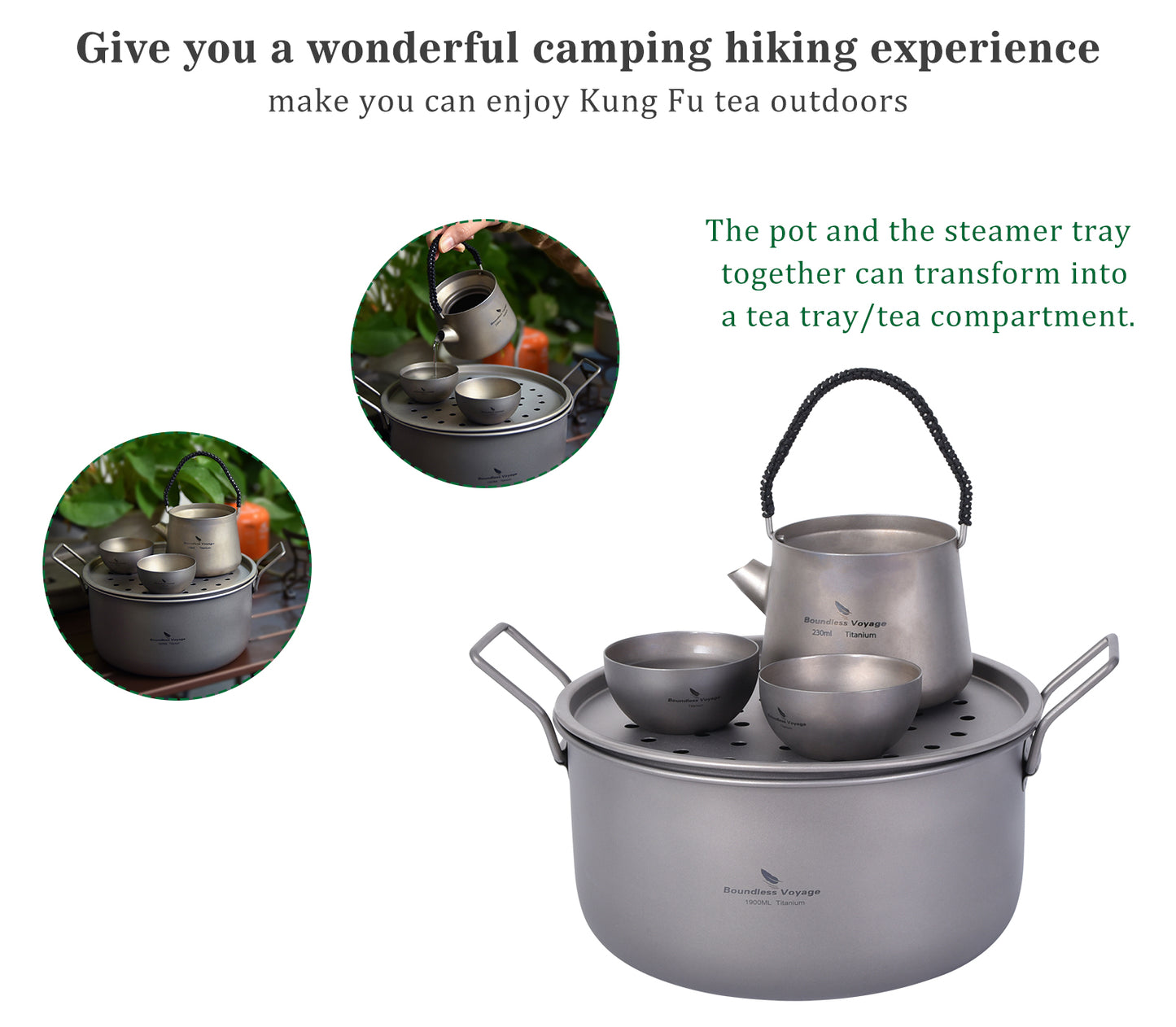 Boundless Voyage Multifunctional Titanium Steamer Soup Pot Frying Pan Set with Lid Outdoor Camping Wok Tea Tray Saucepan Mess Kit