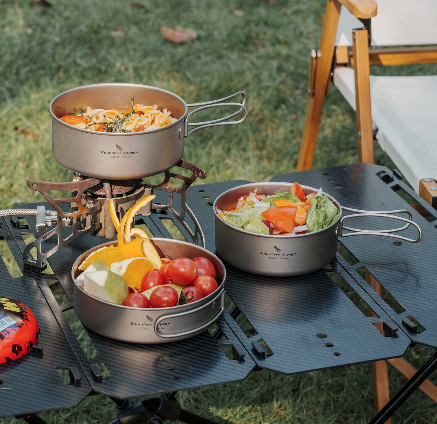 Boundless Voyage Titanium Pot Pan Set with Collapsible Folding Handle Ultralight Tableware Outdoor Dinnerware Set 3pcs