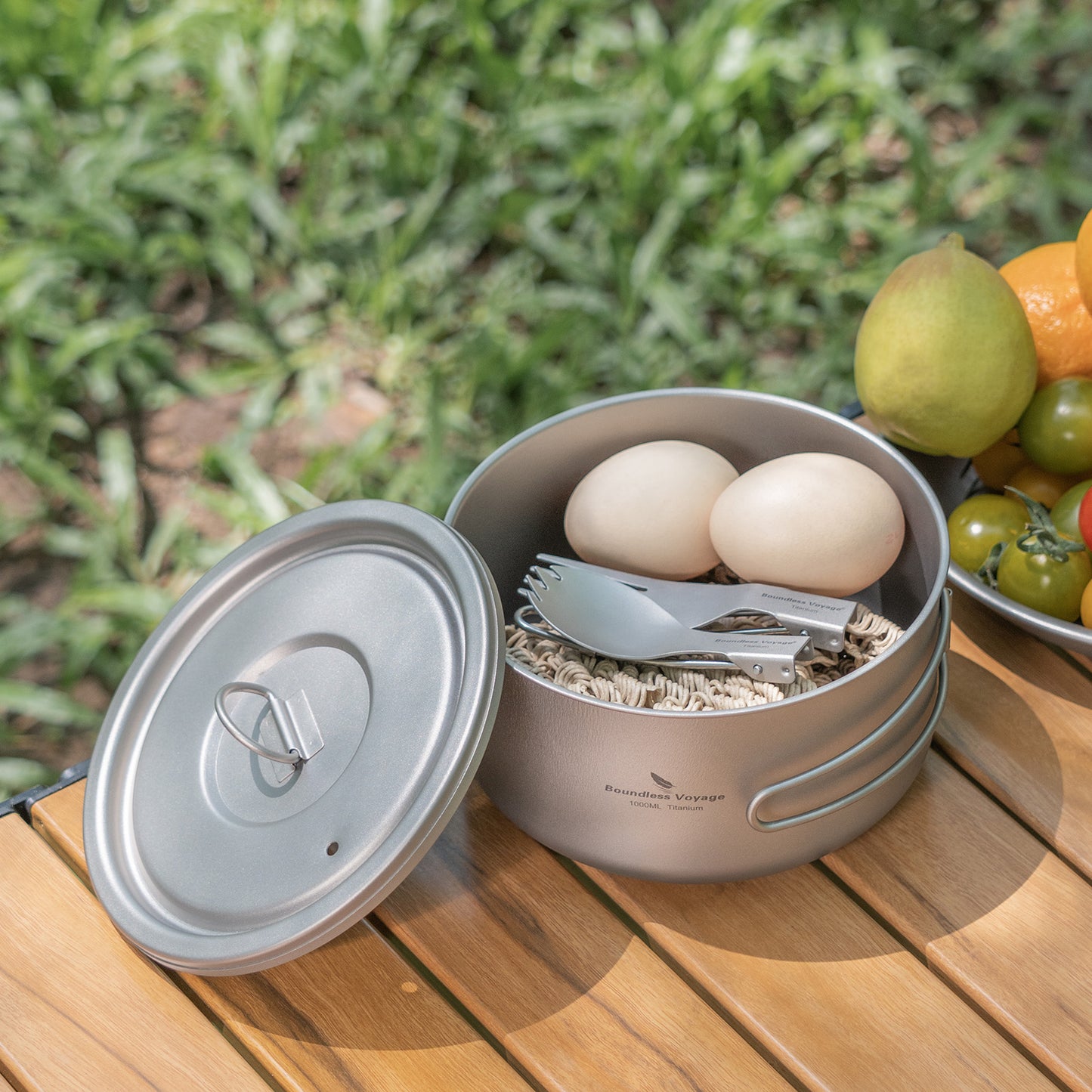 Boundless Voyage 1000ml Titanium Pot with Lid Outdoor Camping Individual Soldier Pot Single Layer Lunch Box with Folding Handle Portable Backpacking Cup