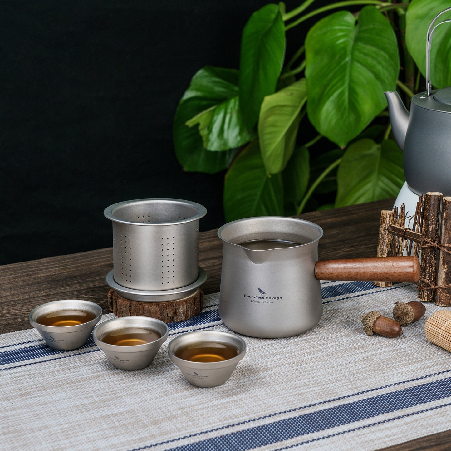Boundless Voyage 380ML Titanium Cup with Strainer Mini Teacup Single Layer with Wooden Handle Ultralight Outdoors for Camping Hiking Water Cup