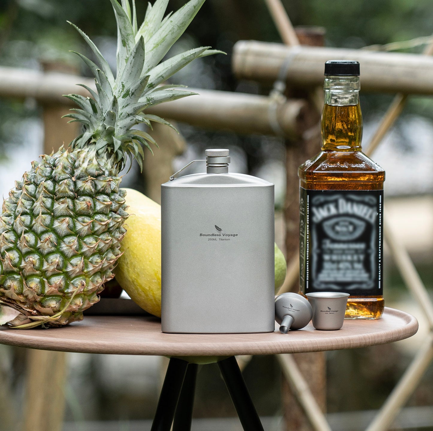 Boundless Voyage Titanium Flask 250ml with Cup & Funnel | Ultralight Pure Titanium Hip Flask for Camping Hiking Travel