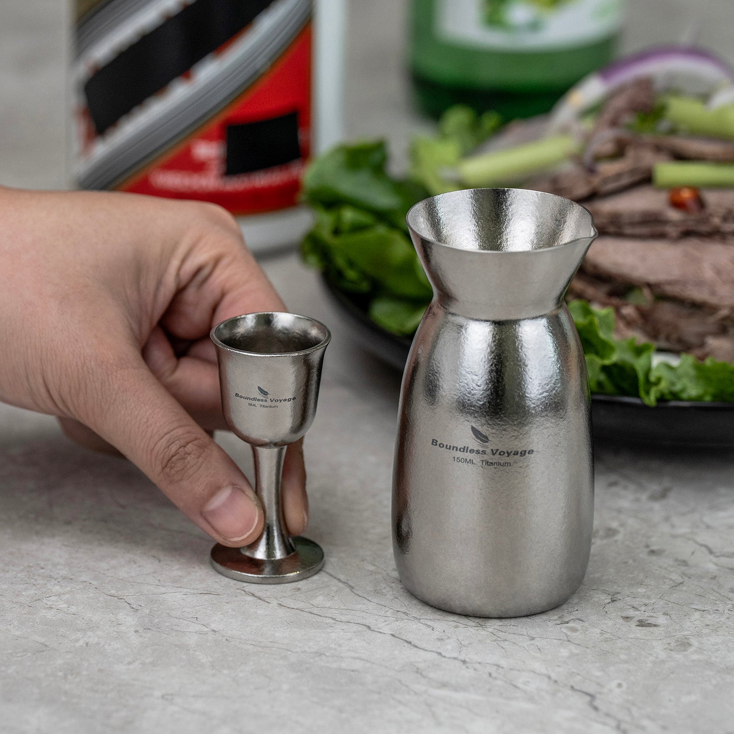 Boundless Voyage 3 Pieces Titanium Japanese Sake Set, 150ml Sake Carafe with 2 Cups, for for Sake Japanese Wine/Soju/Drink/Tea Dishwasher Safe Portable Drinkware for Outdoor Travel