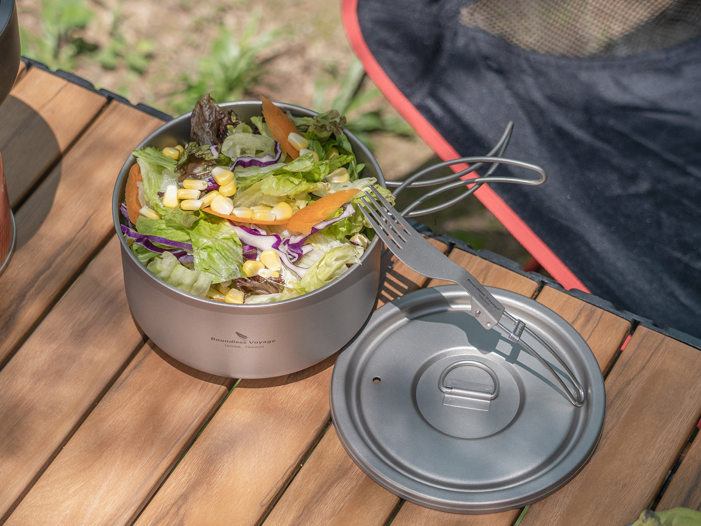 Boundless Voyage 1000ml Titanium Pot with Lid Outdoor Camping Individual Soldier Pot Single Layer Lunch Box with Folding Handle Portable Backpacking Cup