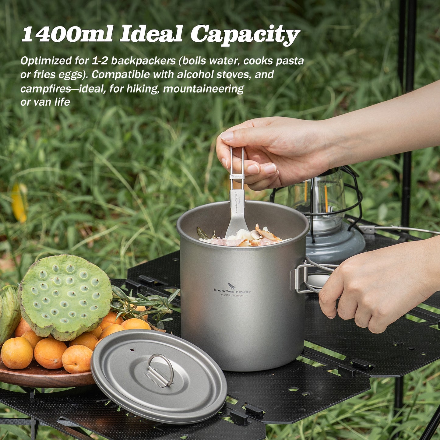 Boundless Voyage Titanium Camping Pot 1400ml Ultralight Backpacking Cookware with Folding Handle & Lid for Backpackers, Hikers & Outdoor Enthusiasts
