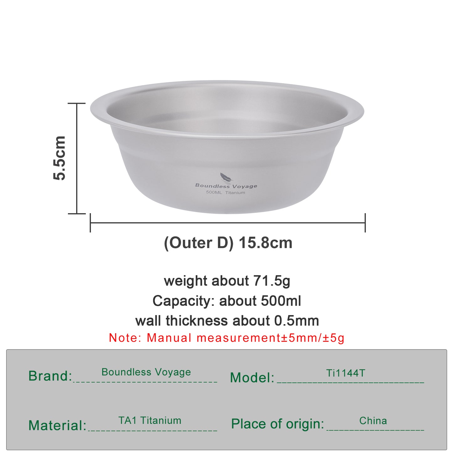Boundless Voyage 500ml Titanium Bowl Rice Soup Salad Serving Bowl Ultralight Outdoor Camping Travel Durable Portable Tableware