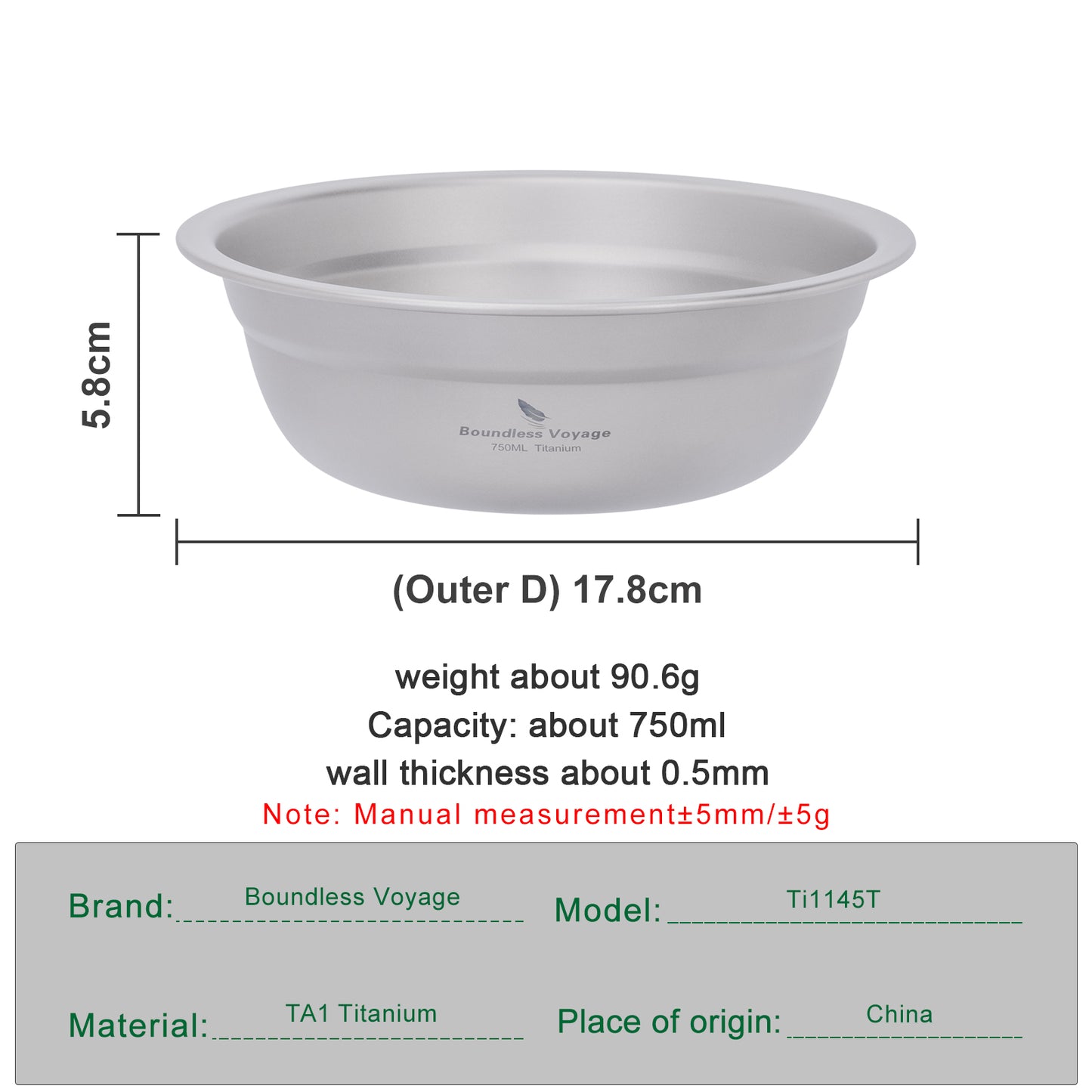 Boundless Voyage 750ml Titanium Bowl Rice Soup Salad Serving Bowl Ultralight Outdoor Camping Travel Durable Portable Tableware