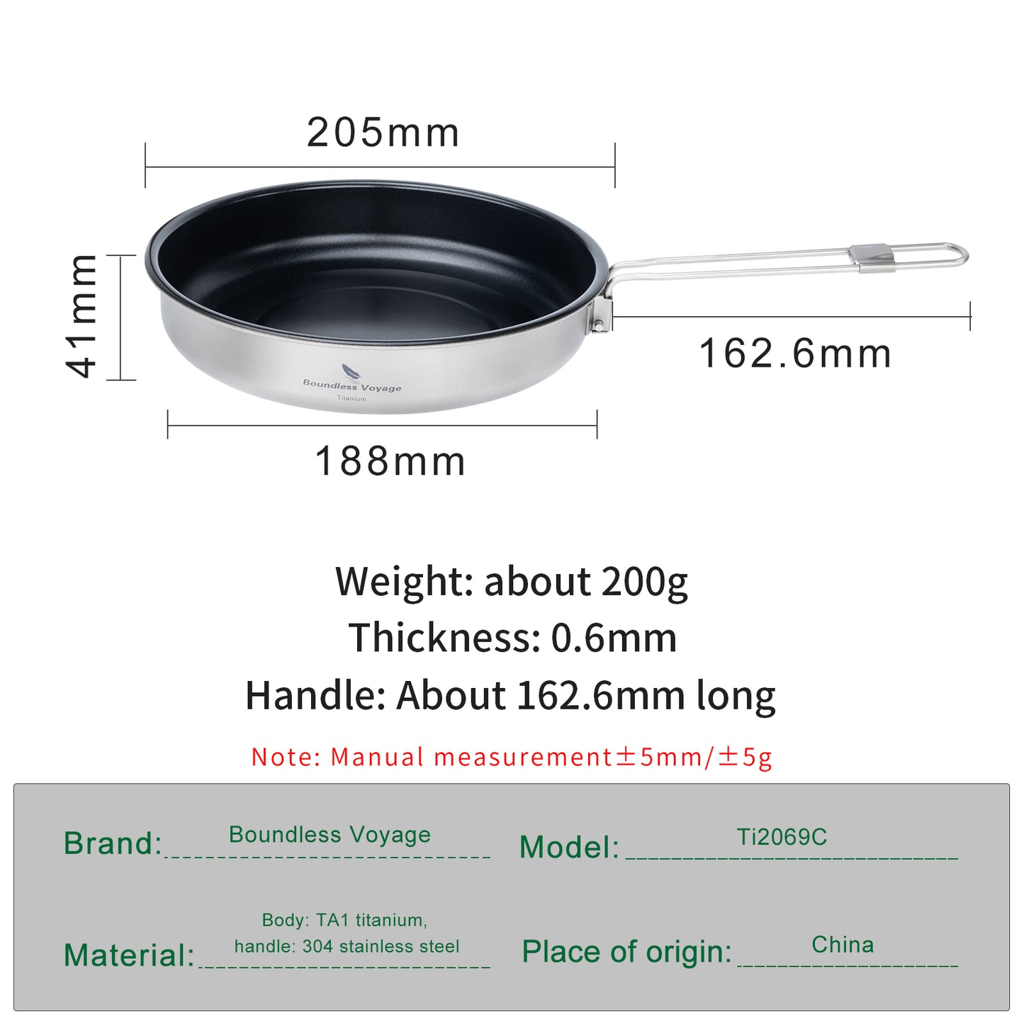 Boundless Voyage Titanium Non-stick Frying Pan Outdoor Camping Skillet with Folding Handle Lightweight Cookware