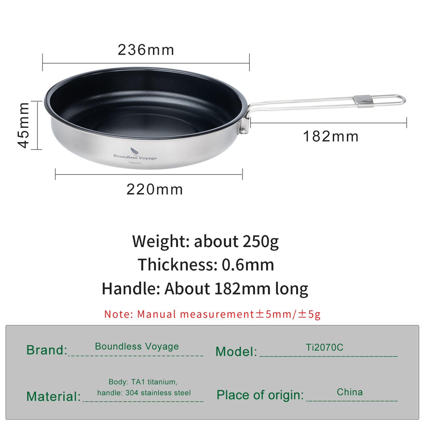 Boundless Voyage Titanium Non-stick Frying Pan Outdoor Camping Skillet with Folding Handle Lightweight Cookware