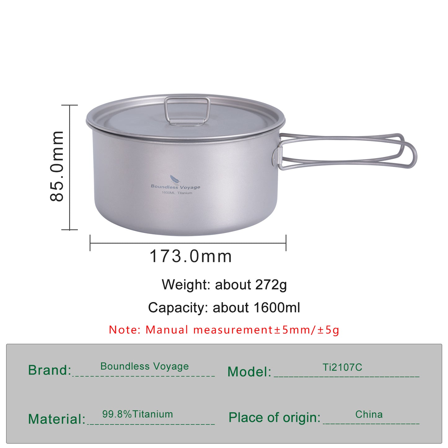 Boundless Voyage Lightweight 1600ml Titanium Pot Outdoor Portable Cooking Set hiking Backpacking Pot for Hiking Trekking Picnic Fishing Mountaineering