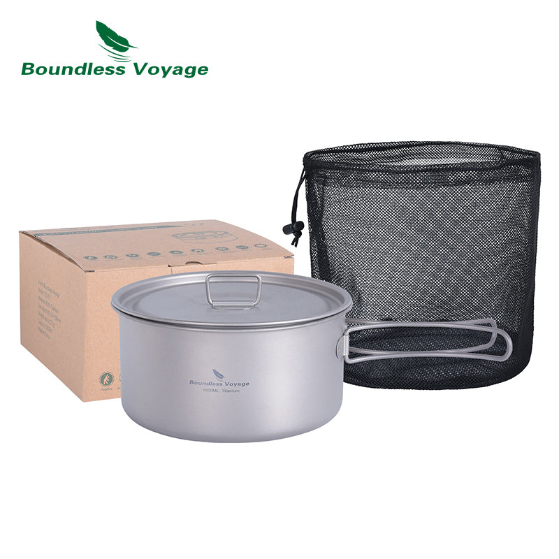 Boundless Voyage Lightweight 1600ml Titanium Pot Outdoor Portable Cooking Set hiking Backpacking Pot for Hiking Trekking Picnic Fishing Mountaineering