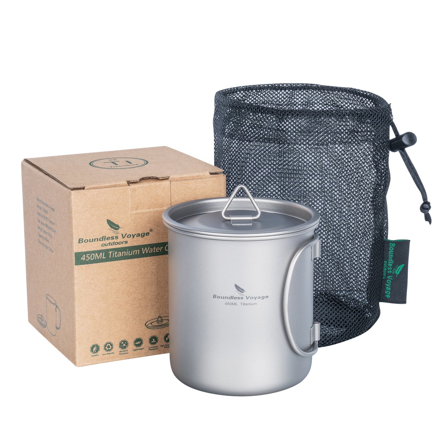 Boundless Voyage 450ml Pure Titanium Mug with Lid – Ultralight & Durable Camping Cup
