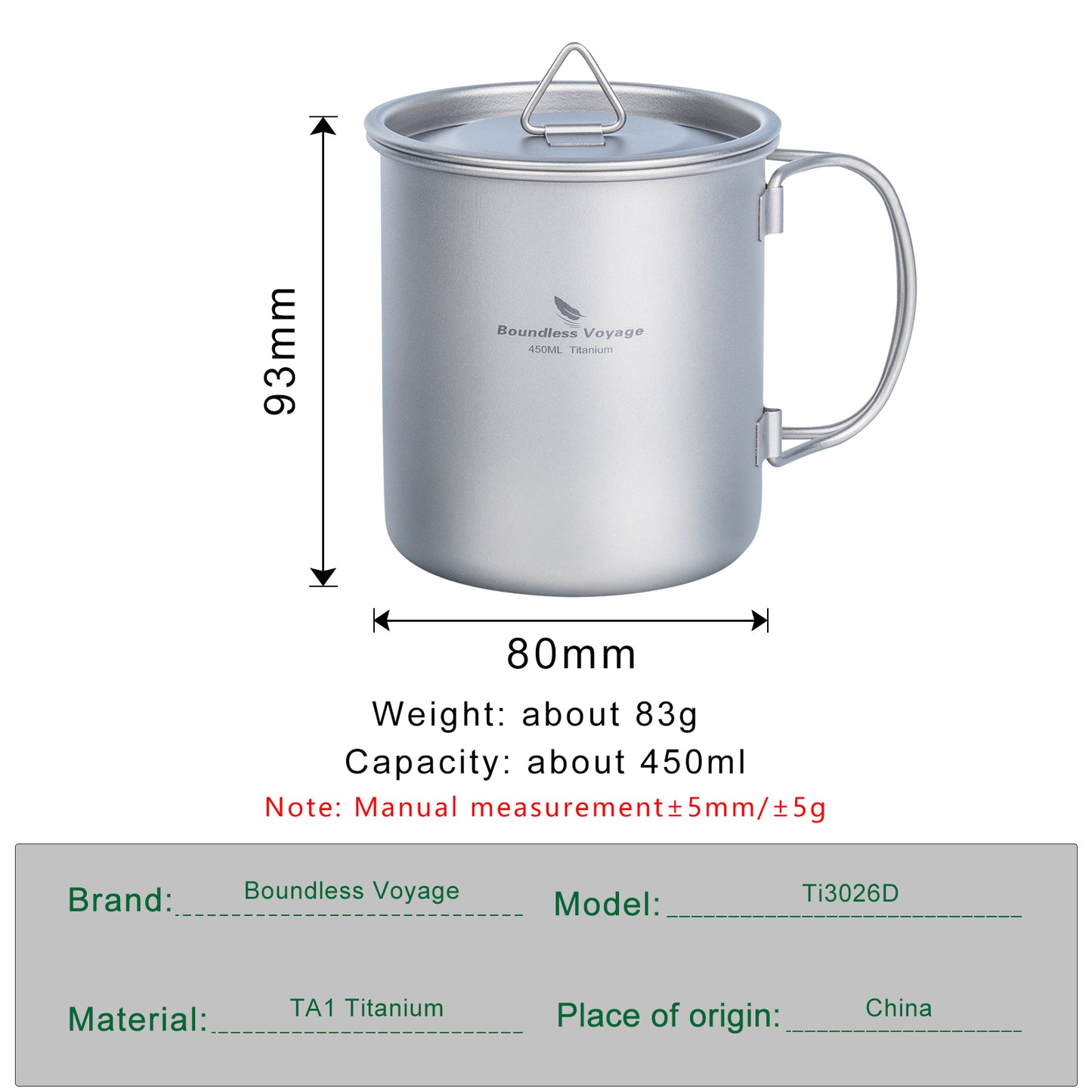 Boundless Voyage 450ml Pure Titanium Mug with Lid – Ultralight & Durable Camping Cup