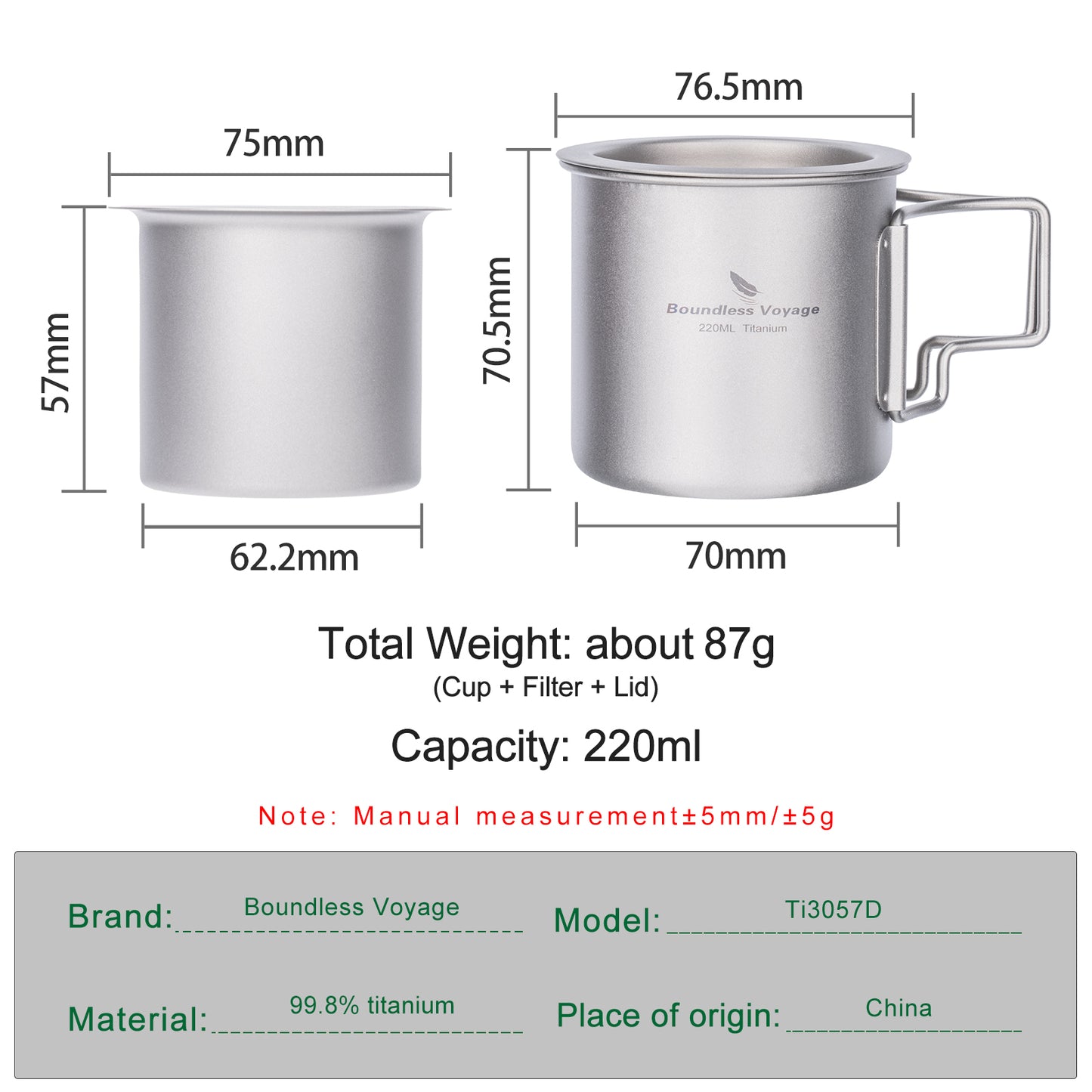 Boundless Voyage Camping Mug Titanium Tea Coffee Cup Lightweight Outdoor Travel Portable Drinkware