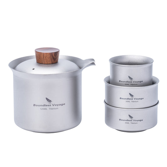 Boundless Voyage Titanium Titanium Double-Layer Tea Maker + 3pcs 30ml Tea Cups Lightweight Outdoor Camping Portable Tea pot sets