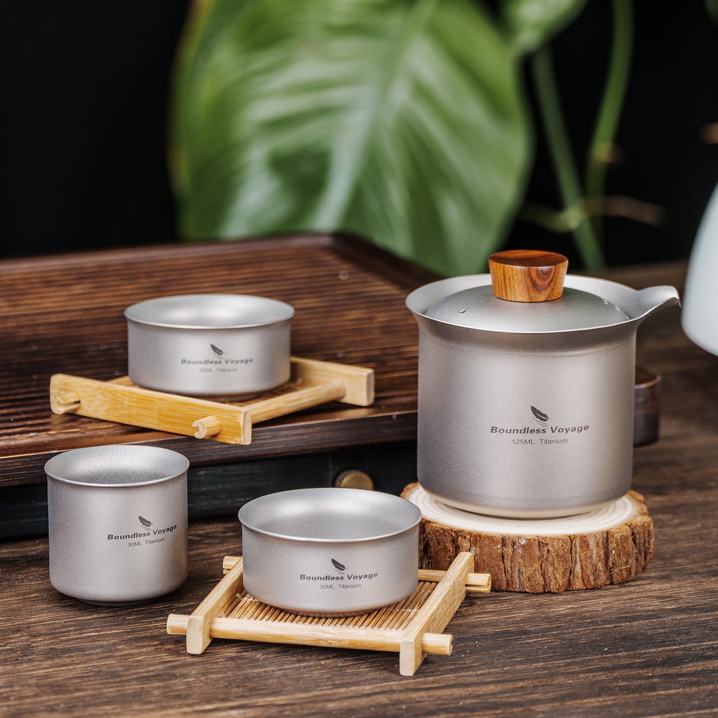Boundless Voyage Titanium Titanium Double-Layer Tea Maker + 3pcs 30ml Tea Cups Lightweight Outdoor Camping Portable Tea pot sets