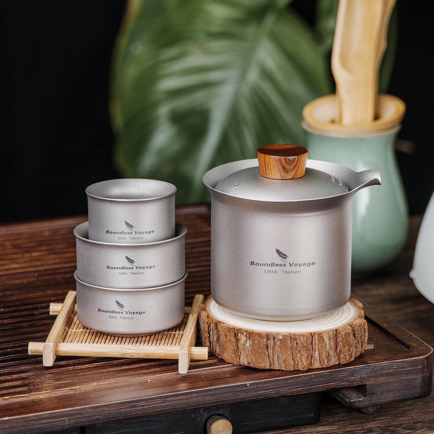 Boundless Voyage Titanium Titanium Double-Layer Tea Maker + 3pcs 30ml Tea Cups Lightweight Outdoor Camping Portable Tea pot sets