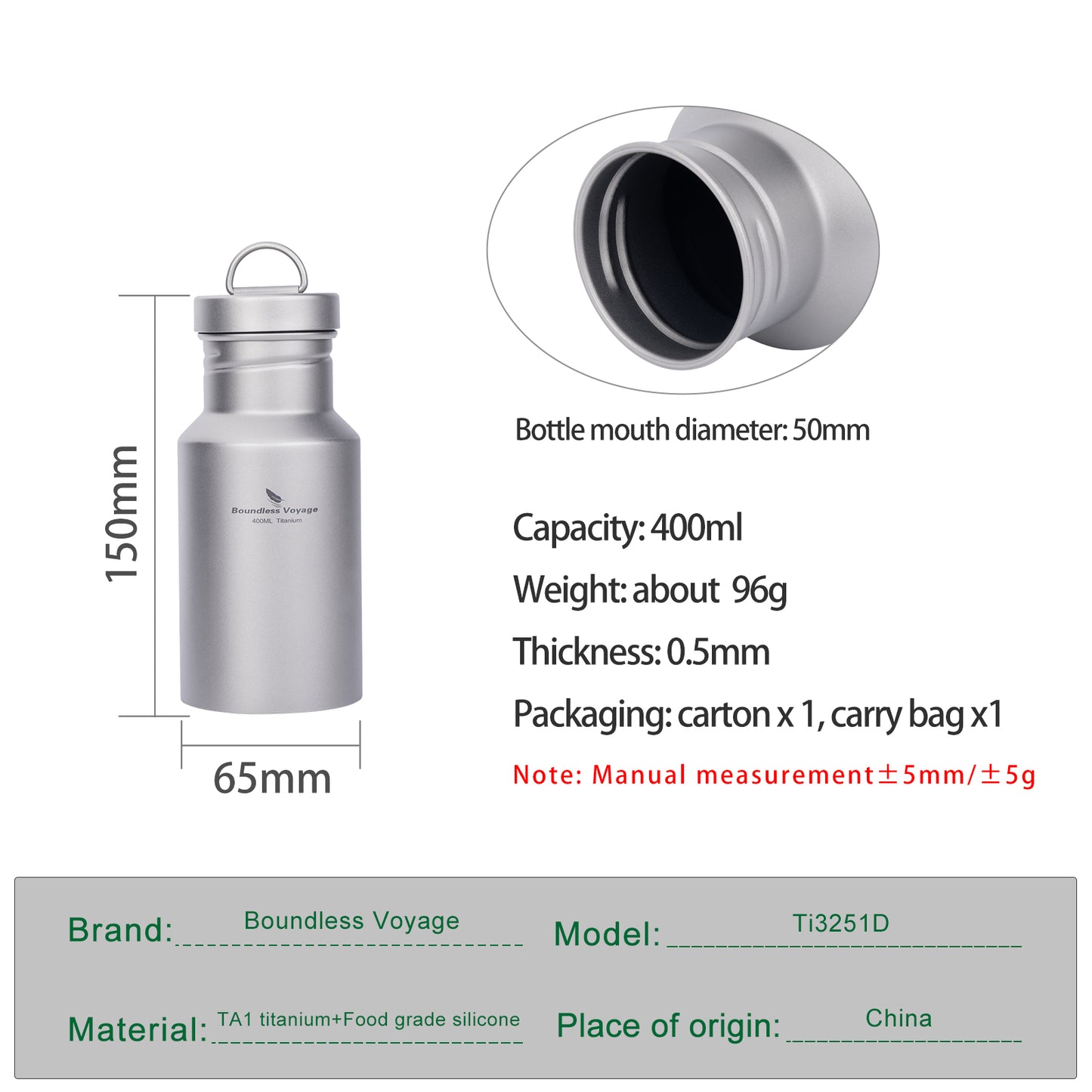 Boundless Voyage Titanium Water Bottle with Lid Wide Mouth Leak-Proof Reusable Sport Drinking Bottle for Camping Hiking Picnic Climbing Running Tea Coffee