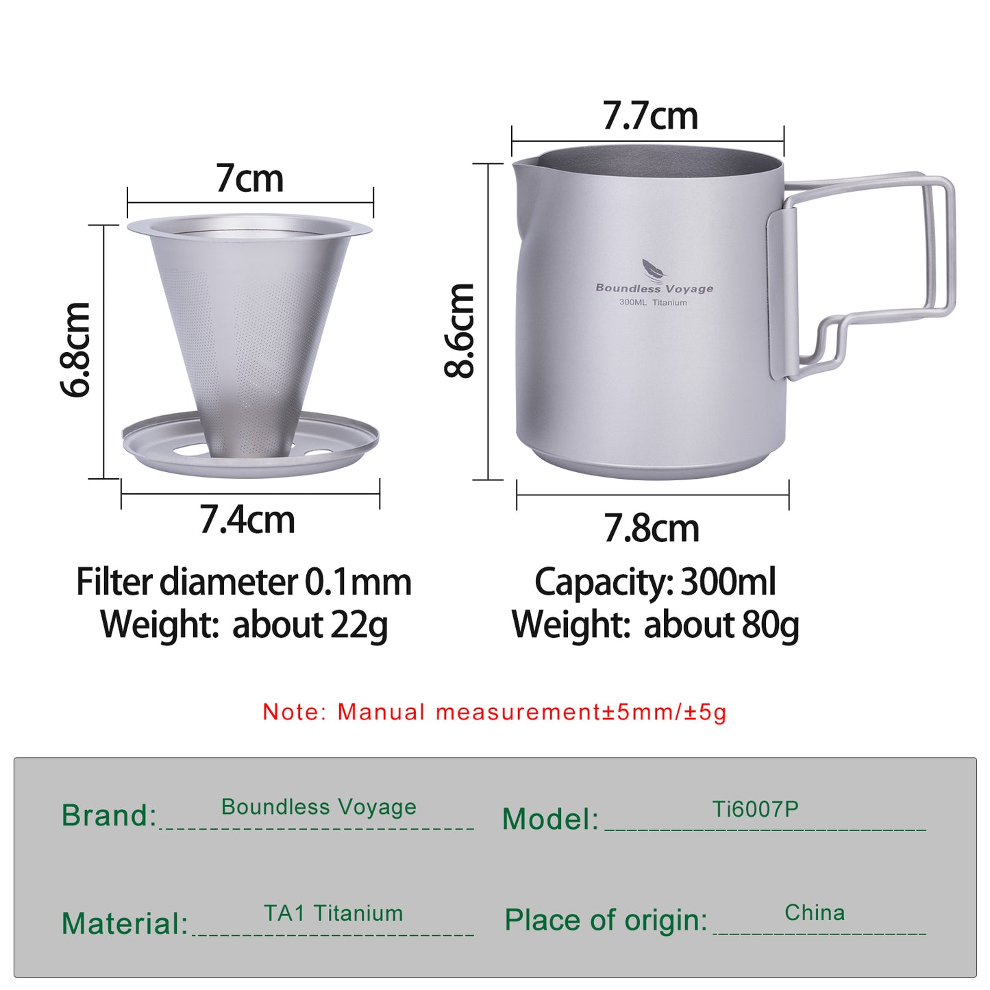 Boundless Voyage Titanium Pour-over Coffee Set, 300ml Portable Coffee Mug with Detachable Dripper for Outdoor Camping