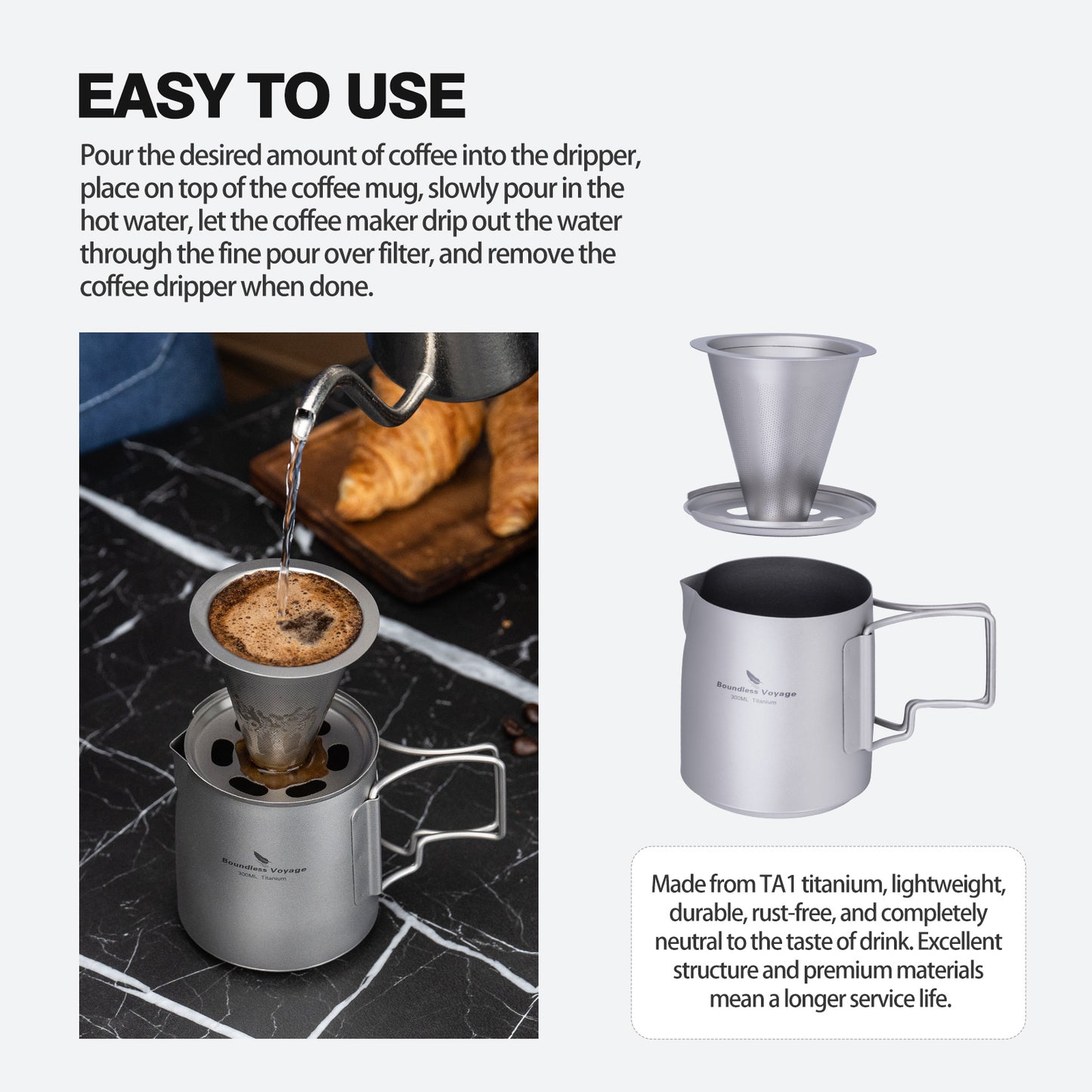Boundless Voyage Titanium Pour-over Coffee Set, 300ml Portable Coffee Mug with Detachable Dripper for Outdoor Camping