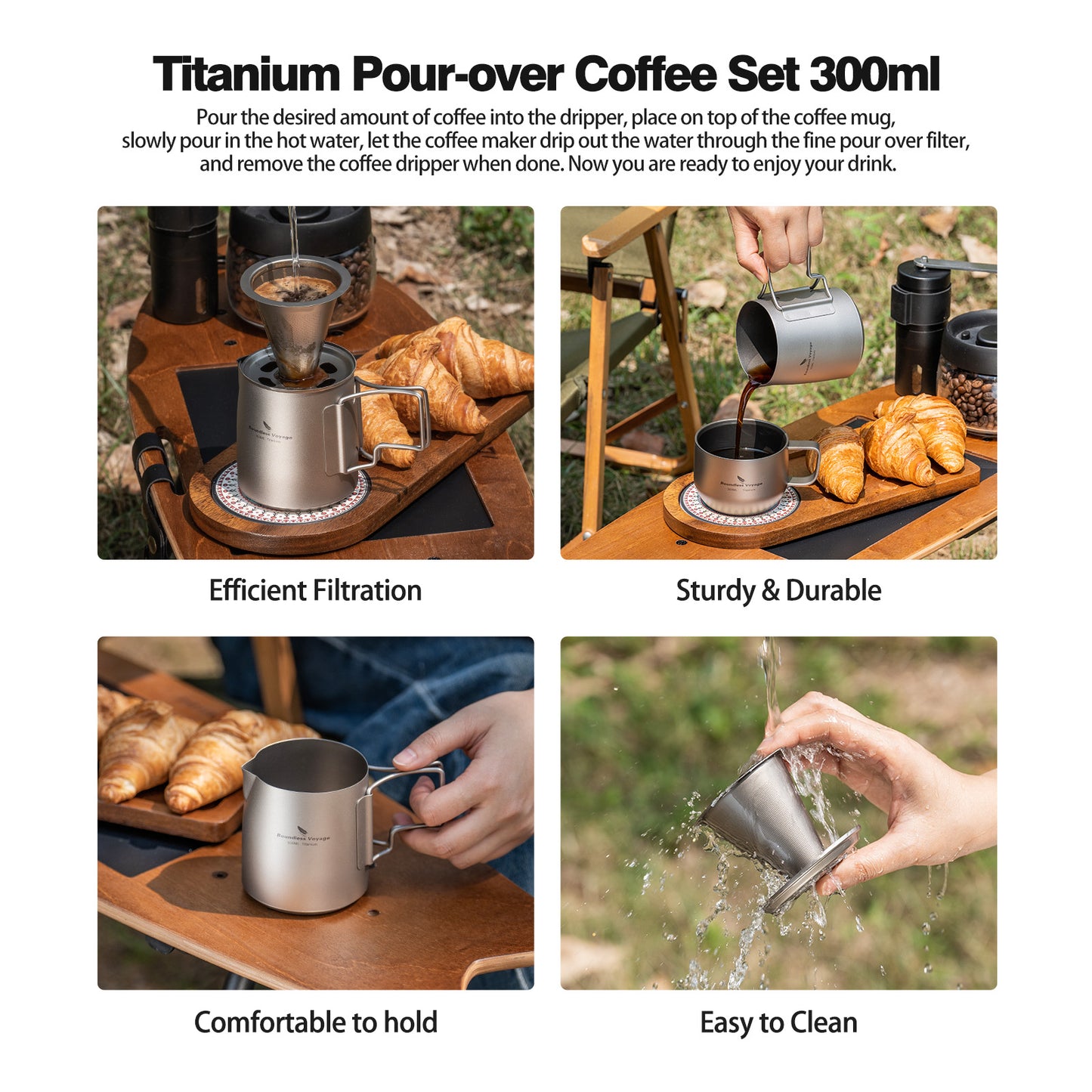Boundless Voyage Titanium Pour-over Coffee Set, 300ml Portable Coffee Mug with Detachable Dripper for Outdoor Camping