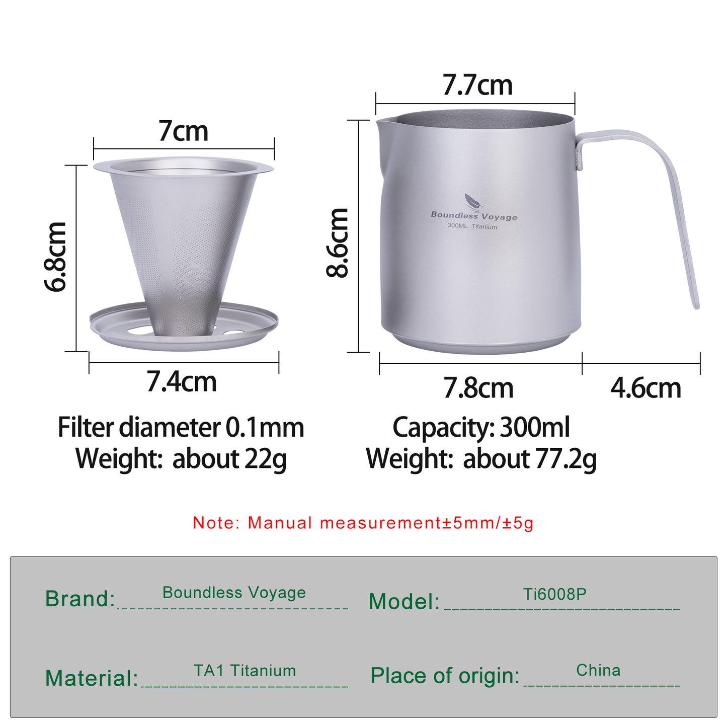 Boundless Voyage Titanium Portable Pour-over Coffee Set 300ml Coffee Mug with Detachable Dripper Outdoor Camping Coffee Maker