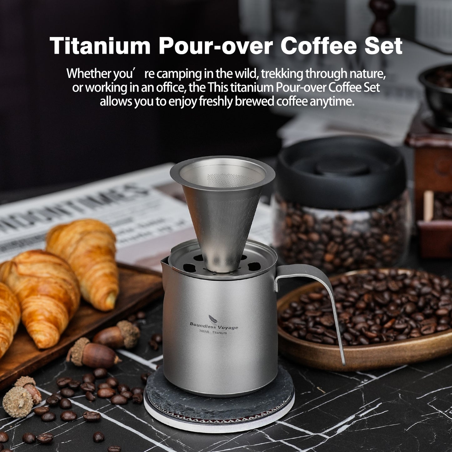 Boundless Voyage Titanium Portable Pour-over Coffee Set 300ml Coffee Mug with Detachable Dripper Outdoor Camping Coffee Maker