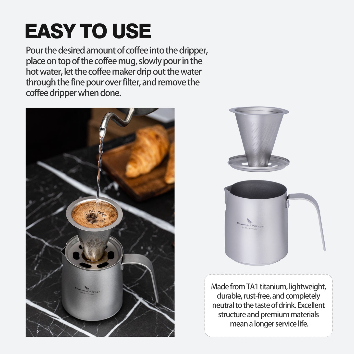 Boundless Voyage Titanium Portable Pour-over Coffee Set 300ml Coffee Mug with Detachable Dripper Outdoor Camping Coffee Maker