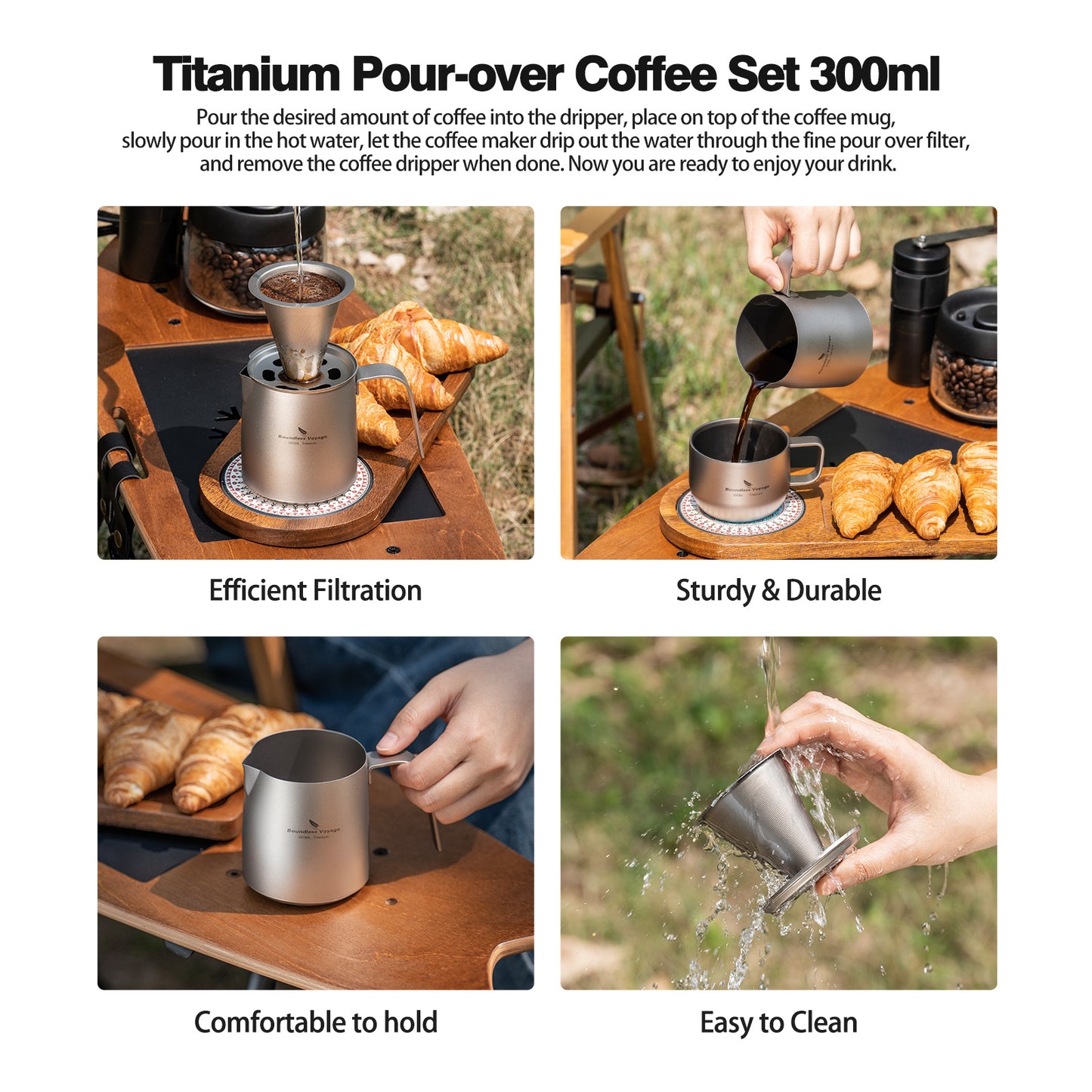 Boundless Voyage Titanium Portable Pour-over Coffee Set 300ml Coffee Mug with Detachable Dripper Outdoor Camping Coffee Maker