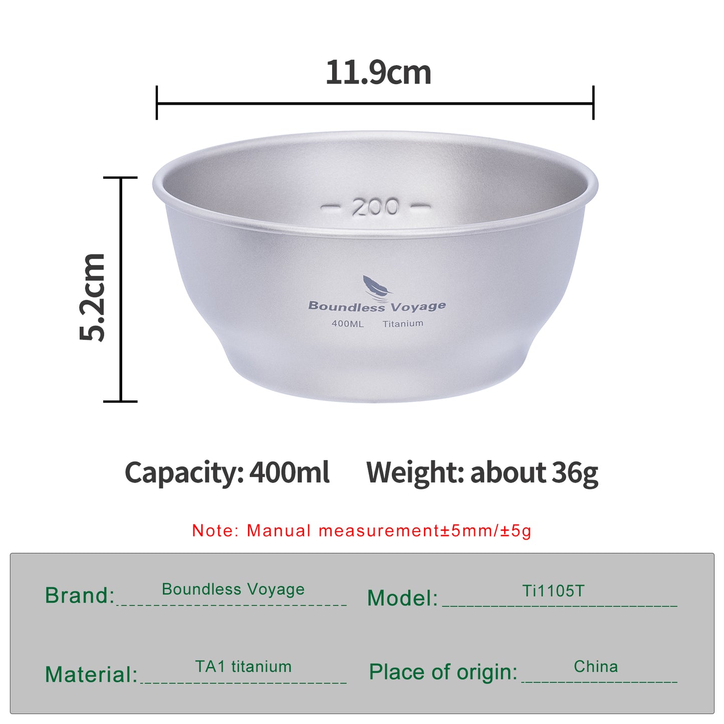 Boundless Voyage Camping Titanium Single-Walled Bowls Lightweight Dish Plate Outdoor Tableware 400ml
