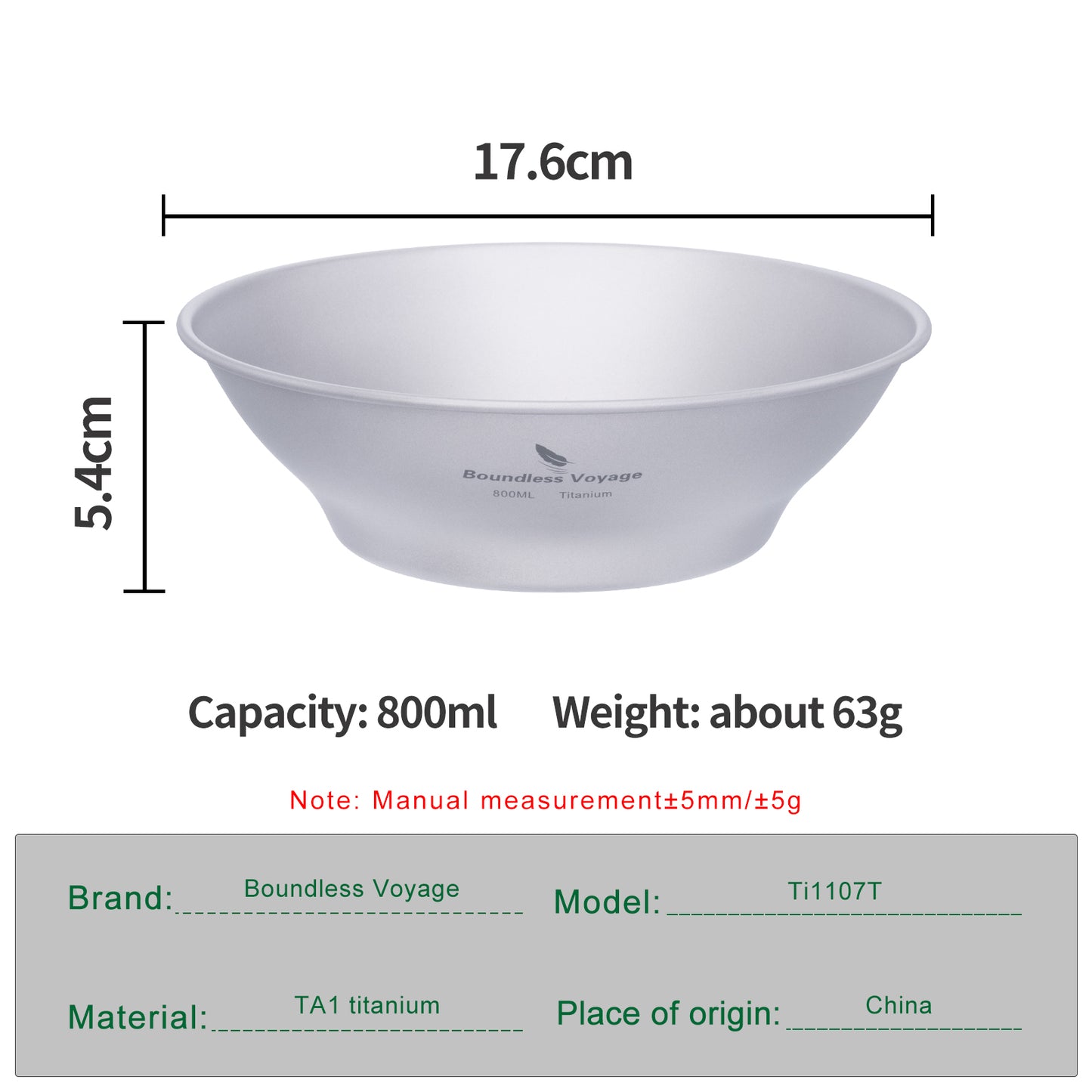 Boundless Voyage Camping Titanium Single-Walled Bowls Lightweight Dish Plate Outdoor Tableware 800ml