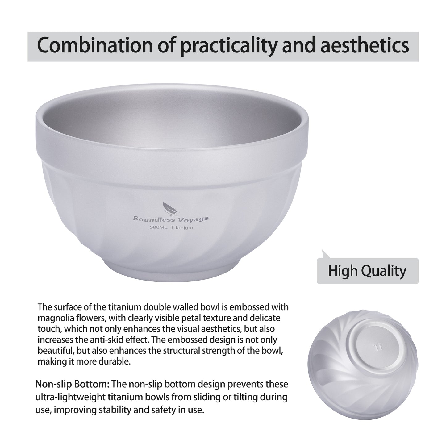 Boundless Voyage 500mlTitanium Double Walled Bowl Rice Soup Oatmeal Yogurt Serving Bowl Ultralight Outdoor Camping Travel Durable Portable Tableware