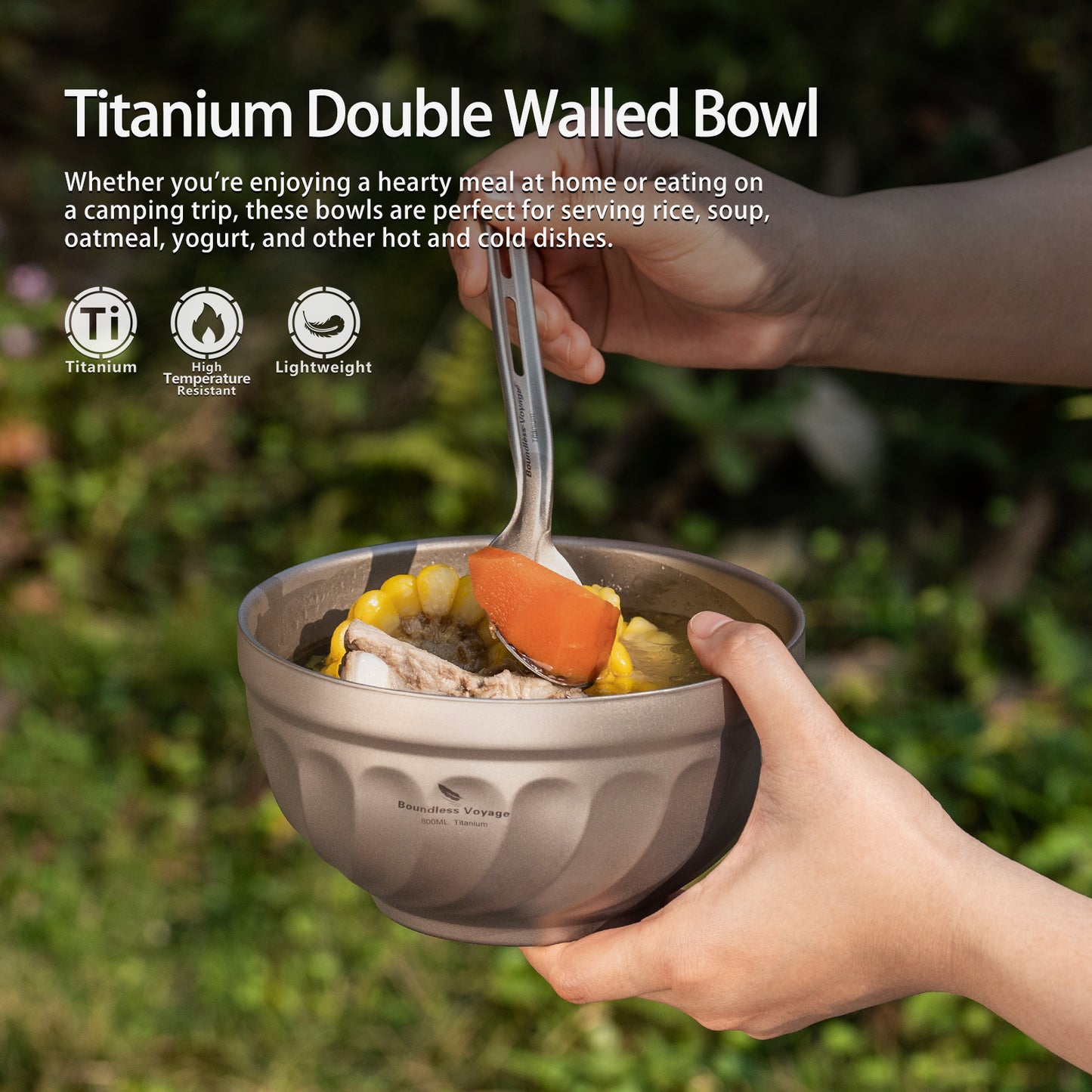 Boundless Voyage 800ml Titanium Double Walled Bowl Rice Soup Oatmeal Yogurt Serving Bowl Ultralight Outdoor Camping Travel Durable Portable Tableware