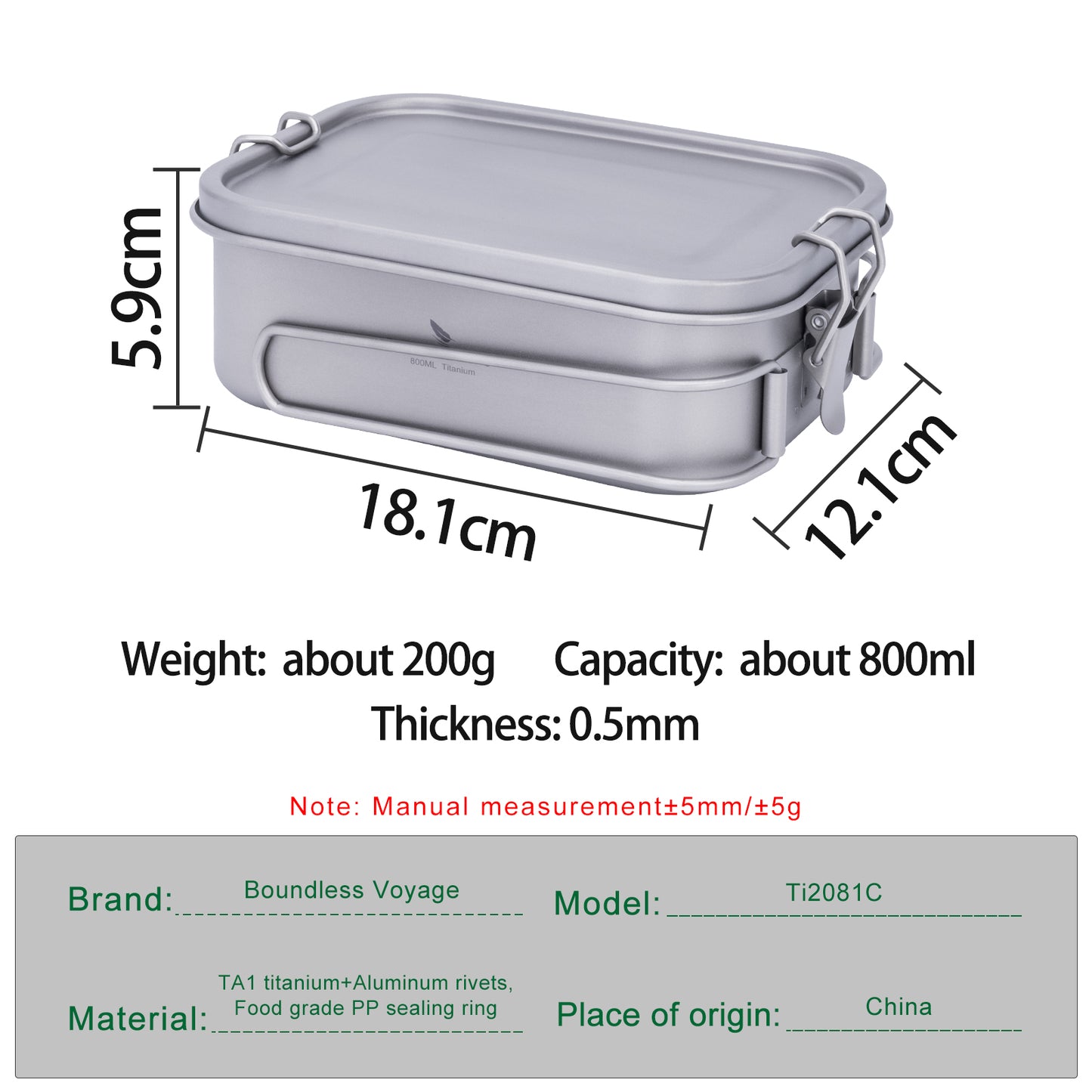 Boundless Voyage Titanium Bento with Lid & Handle Outdoor Camping Tableware Cookware Leak Proof Lunch Box Container
