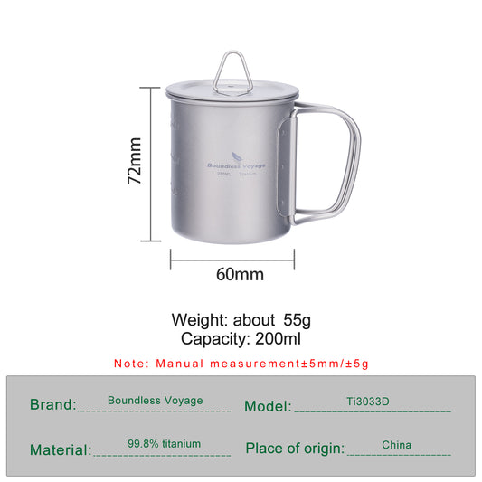 Unlimited Voyage 200ml Titanium Alloy Cup with Lid and Folding Handle for Outdoor Camping Ultra-Light Water Tea and Coffee Cup