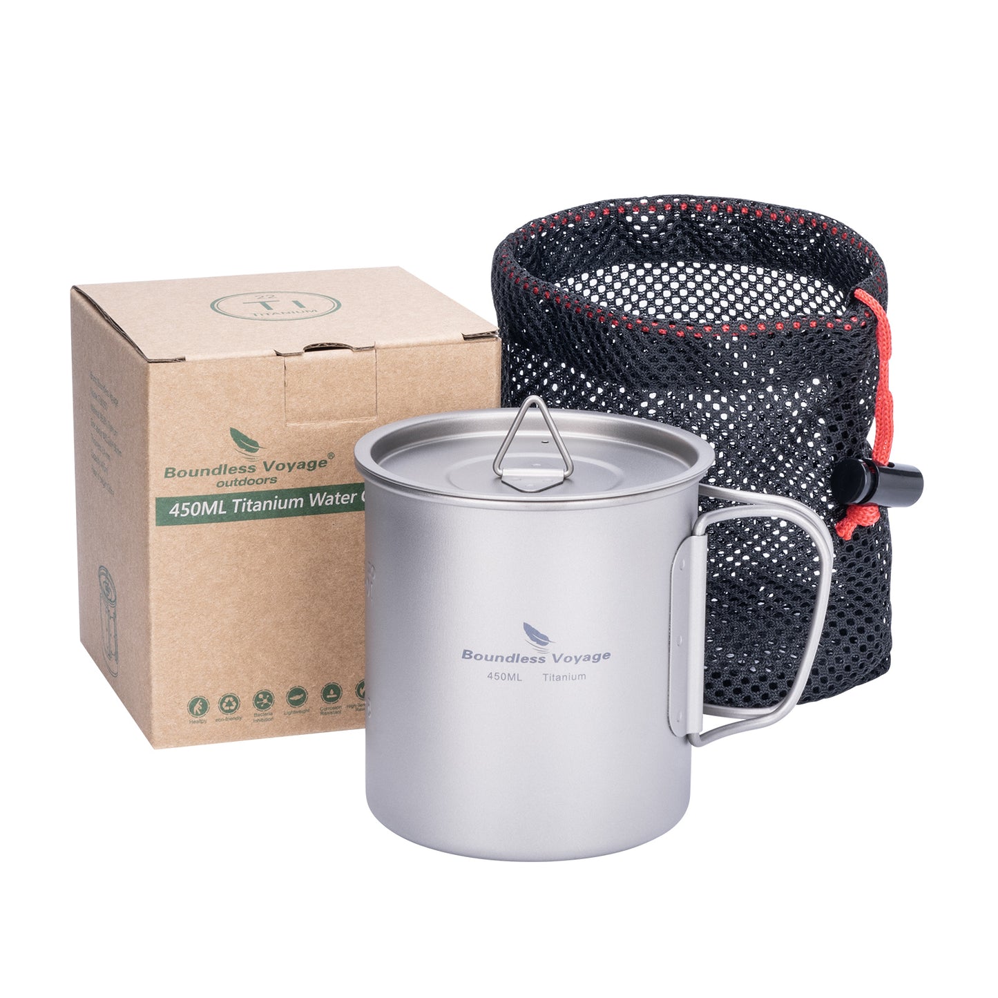 Unlimited Voyage 450ml Titanium Alloy Cup with Lid and Folding Handle for Outdoor Camping Ultra-Light Water Tea and Coffee Cup