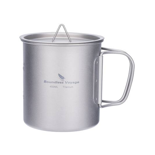 Unlimited Voyage 450ml Titanium Alloy Cup with Lid and Folding Handle for Outdoor Camping Ultra-Light Water Tea and Coffee Cup