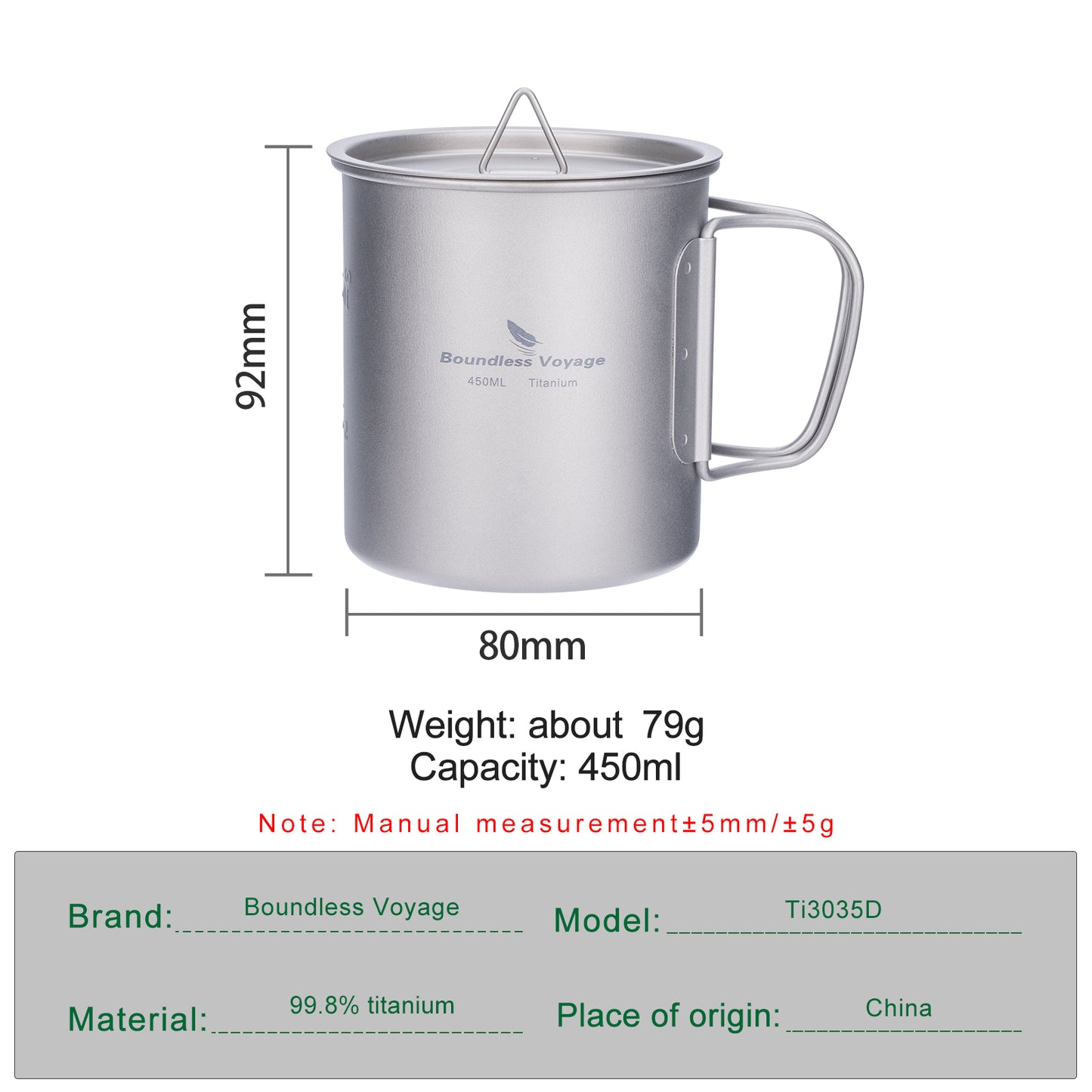 Unlimited Voyage 450ml Titanium Alloy Cup with Lid and Folding Handle for Outdoor Camping Ultra-Light Water Tea and Coffee Cup