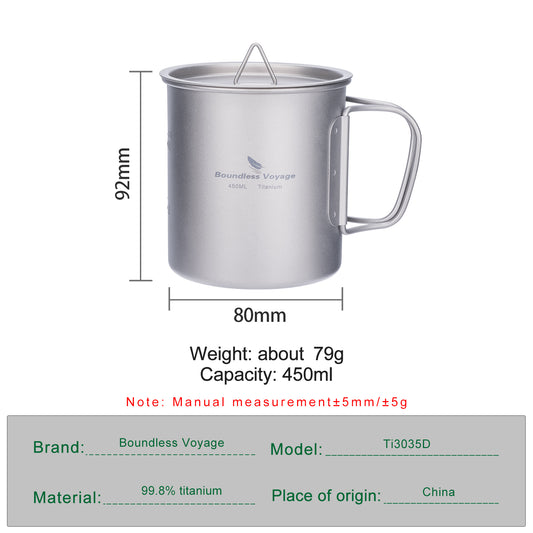 Unlimited Voyage 450ml Titanium Alloy Cup with Lid and Folding Handle for Outdoor Camping Ultra-Light Water Tea and Coffee Cup