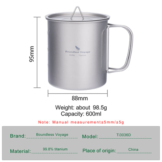 Unlimited Voyage 600ml Titanium Alloy Cup with Lid and Folding Handle for Outdoor Camping Ultra-Light Water Tea and Coffee Cup