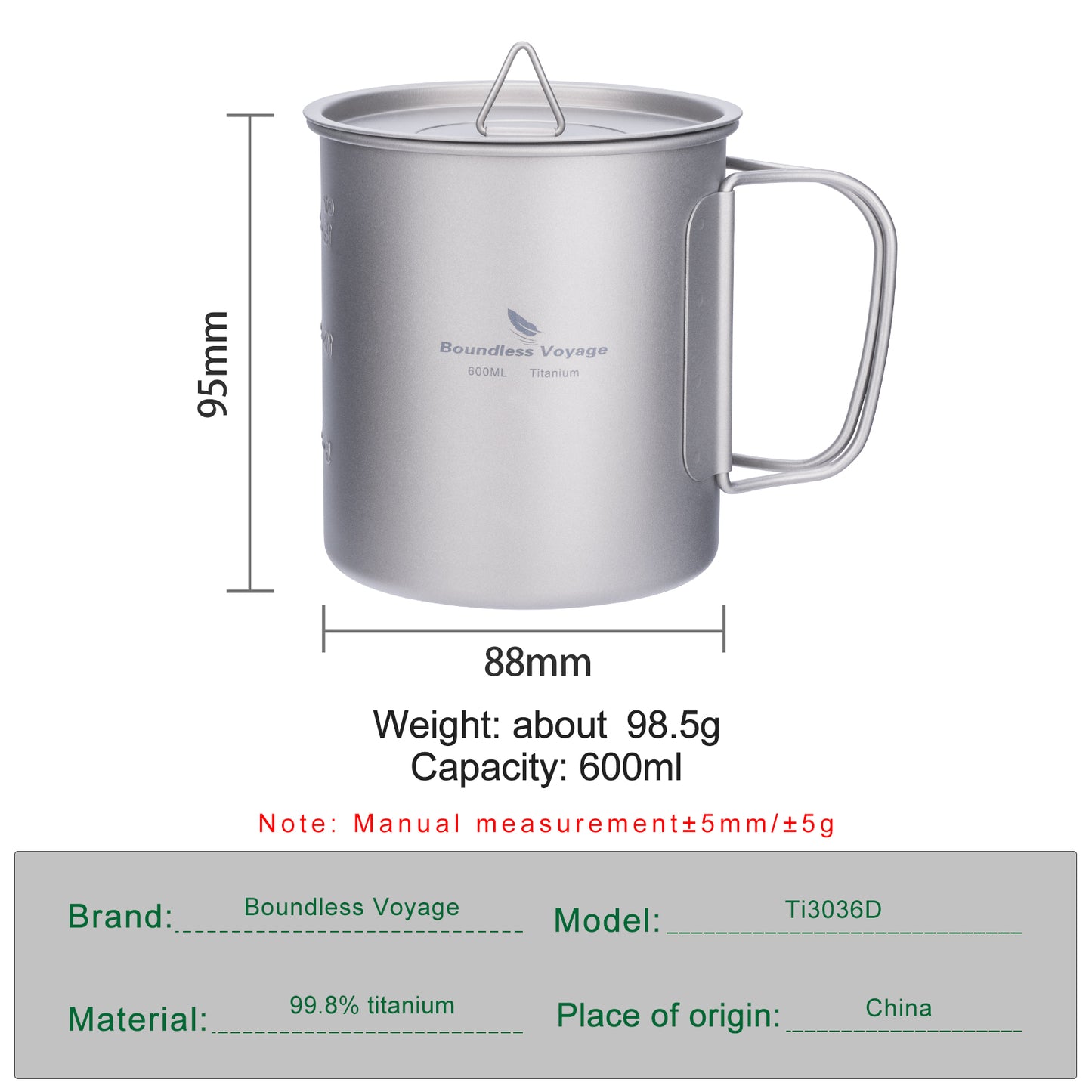 Unlimited Voyage 600ml Titanium Alloy Cup with Lid and Folding Handle for Outdoor Camping Ultra-Light Water Tea and Coffee Cup