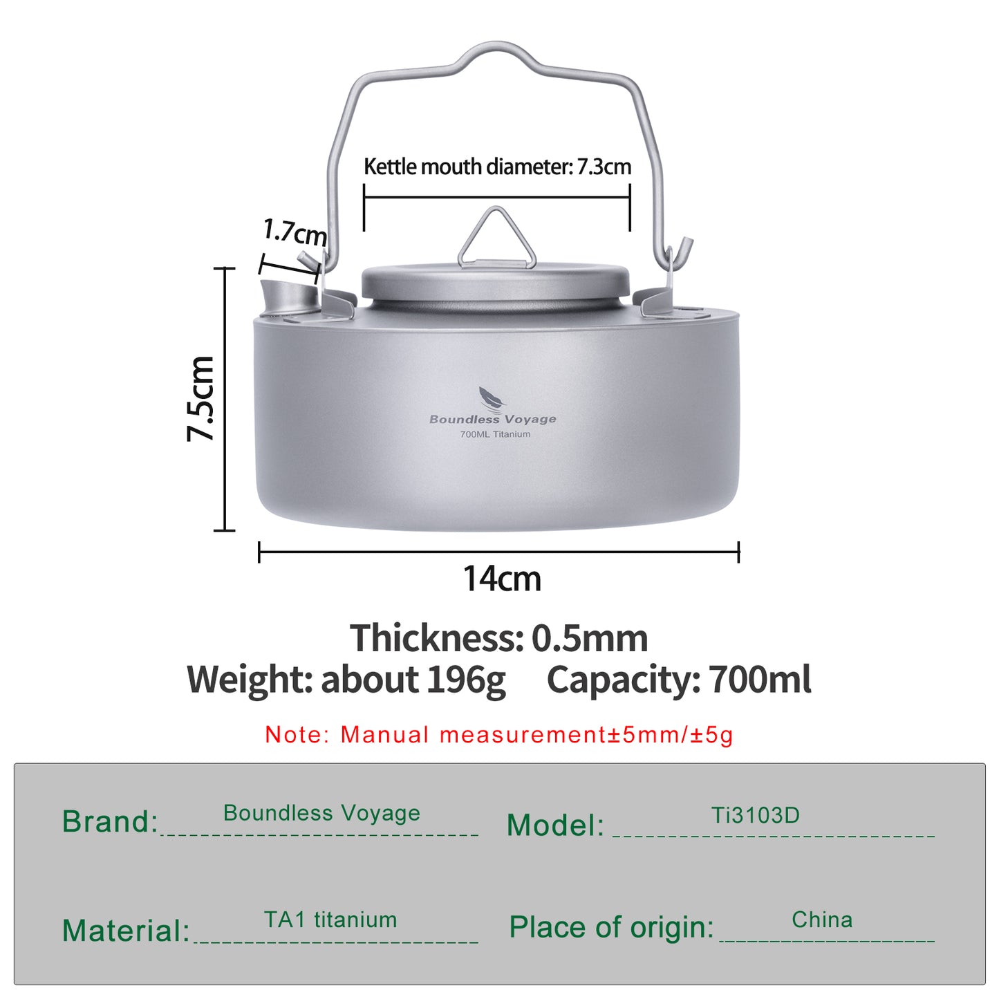 Boundless Voyage Camping Single-layer Titanium Kettle with Folding Handle 700ML Durable Bushcraft Gear Open Fire Kettle