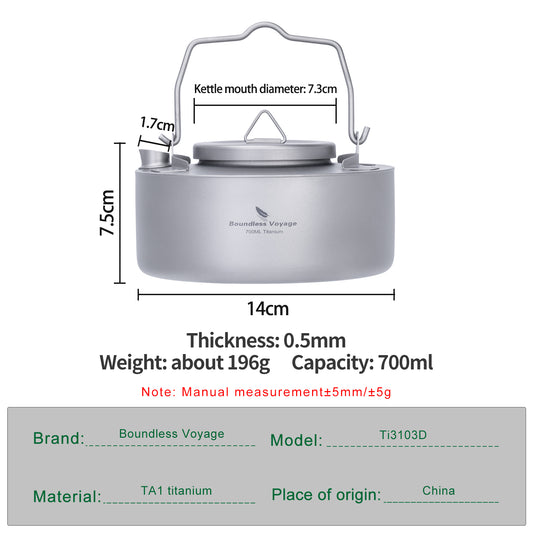 Boundless Voyage Camping Single-layer Titanium Kettle with Folding Handle 700ML Durable Bushcraft Gear Open Fire Kettle