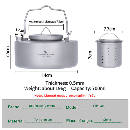 Boundless Voyage Camping Single-layer Titanium Kettle with Folding Handle 700ML Durable Bushcraft Gear Open Fire Kettle