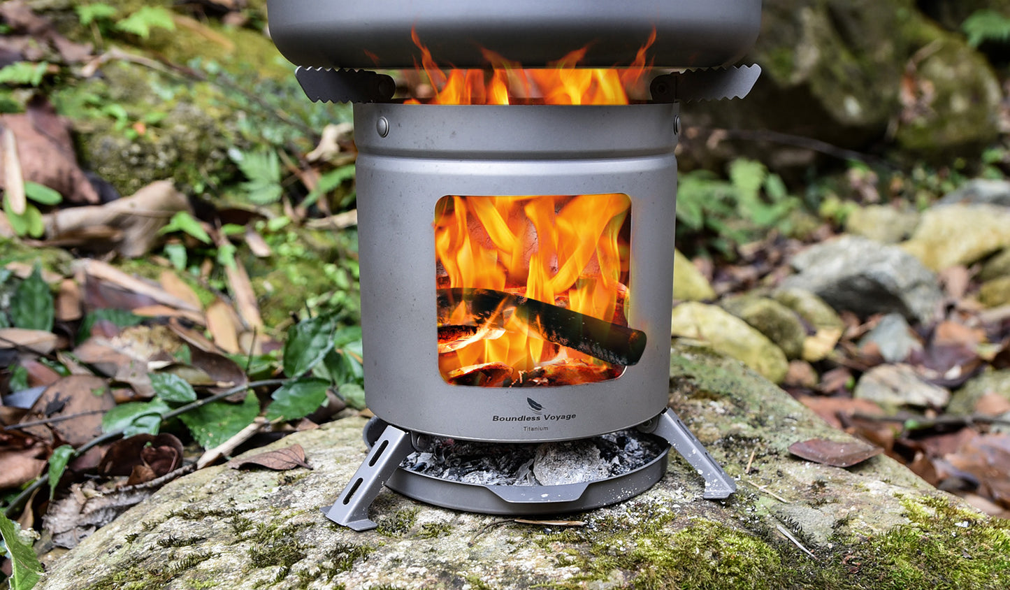 Boundless Voyage TA1 Titanium Wood Stove – Ultralight Folding Camping Stove with Pot Stand & Tripod for Outdoor Cooking & Backpacking