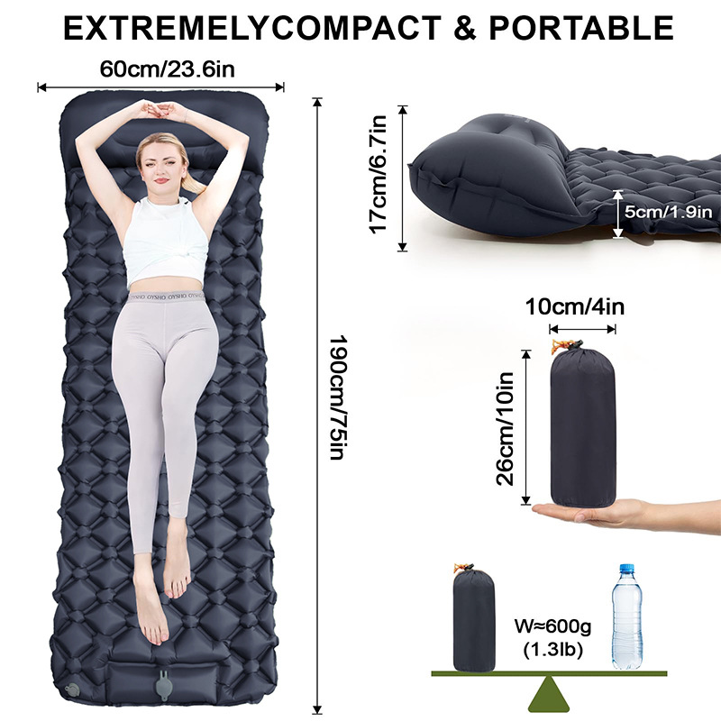 Ultralight Foot-Press Inflatable Sleeping Pad – Compact Waterproof Camping Air Mattress (800g, 2600cm³) for Solo Hiking & Backpacking