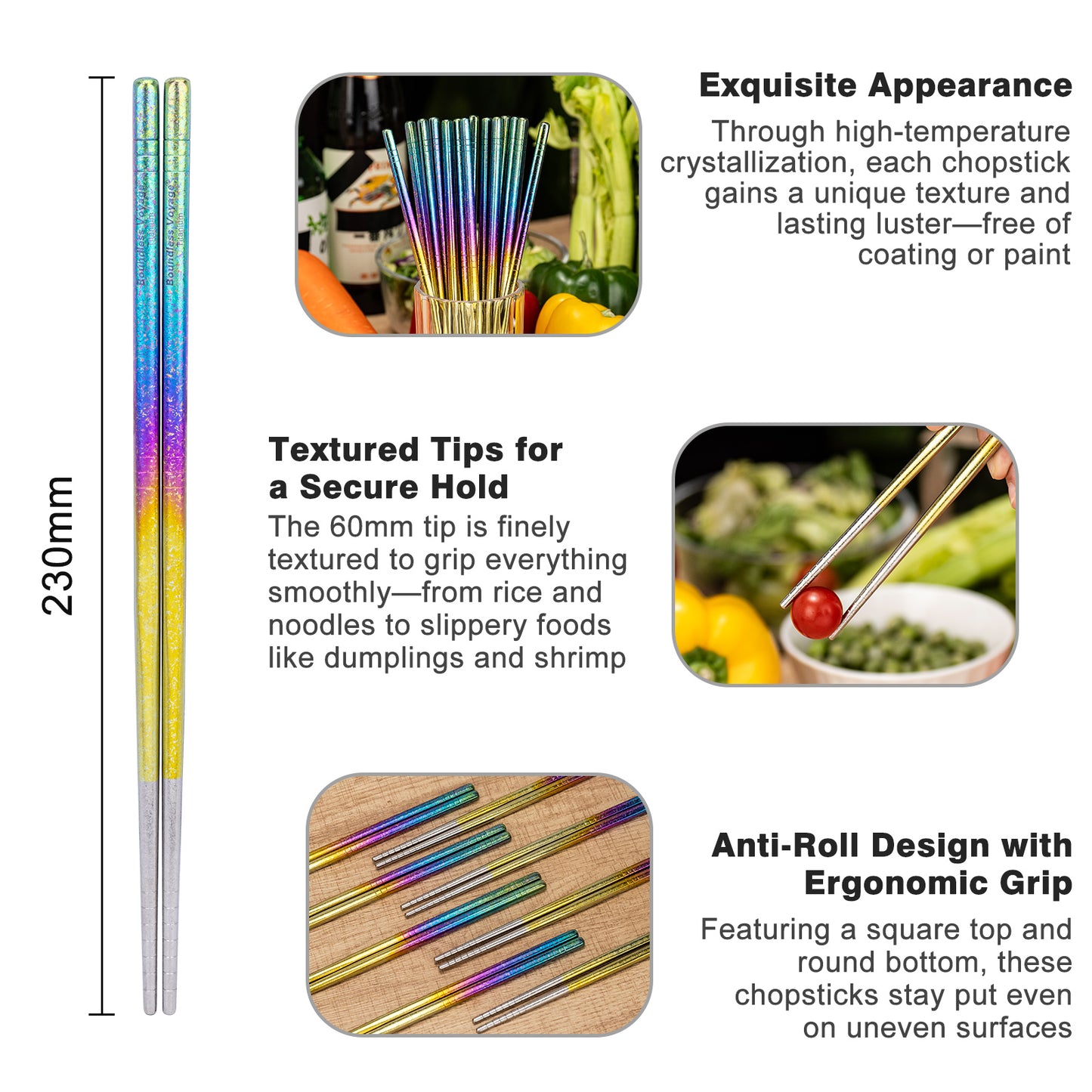 Boundless Voyage Titanium Chopsticks – Crystal Finish Ultralight Anti-Slip Reusable Chopsticks for Camping & Home