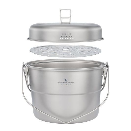 Boundless Voyage 3.8L Titanium Hanging Pot with Steamer Rack – Ultralight Campfire Cooking Stockpot Set, Large Capacity Outdoor Cookware for Camping, Hiking & Group Cooking