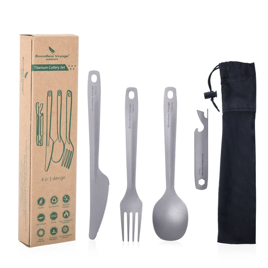 Boundless Voyage TA1 Titanium 4-in-1 Ultralight Cutlery Set – Compact Fork, Spoon, Knife & Bottle Opener for Home, Camping & Outdoor Travel