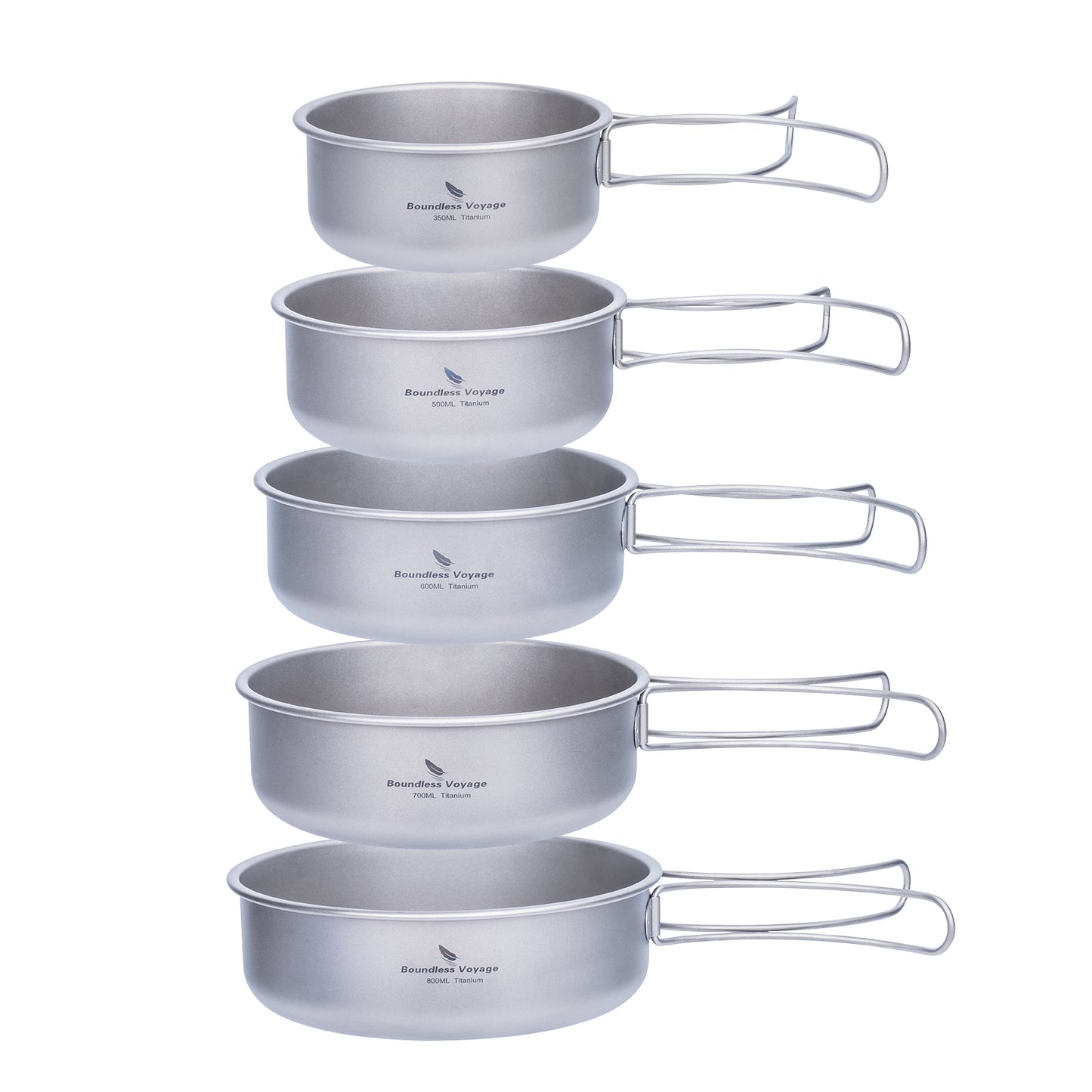 Boundless Voyage 5-Piece Titanium Bowl & Dish Set with Folding Handles – Ultralight Camping Tableware (350/500/600/700/800ml)